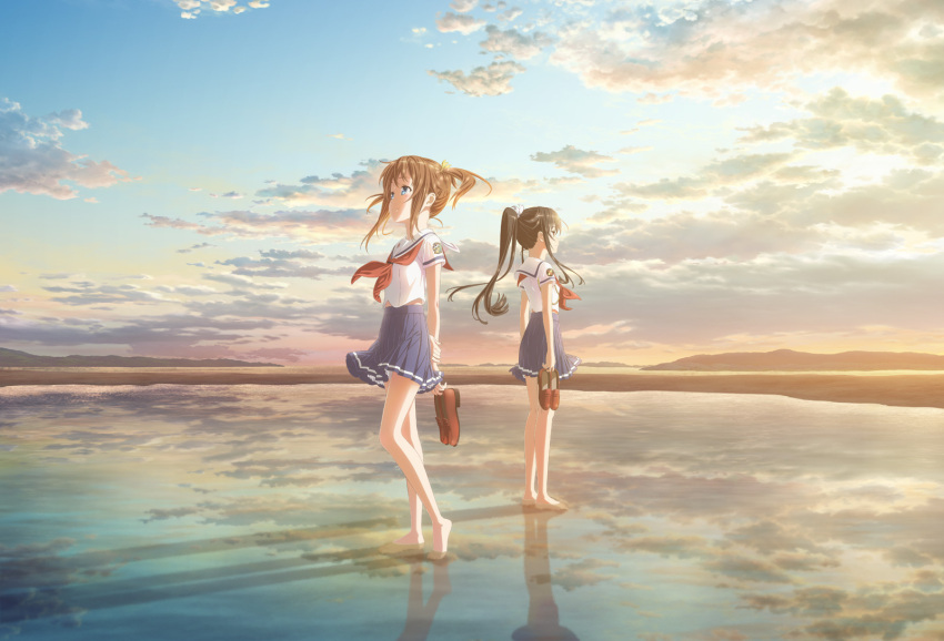 2girls barefoot black_hair blue_eyes brown_hair footwear_removed high_ponytail high_school_fleet highres long_hair looking_afar miniskirt misaki_akeno multiple_girls munetani_mashiro neckerchief official_art outdoors pleated_skirt red_eyes reflection school_uniform serafuku shallow_water short_hair short_sleeves sidelocks skirt twintails water yokosuka_girls_marine_high_school_uniform