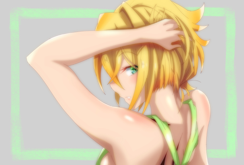 1girl akatsuki_kirika arm_up bare_arms bare_shoulders blonde_hair blush breasts commentary_request eyebrows_visible_through_hair from_behind green_eyes grey_background hand_in_hair highres keen.c looking_at_viewer looking_back parted_lips senki_zesshou_symphogear shiny shiny_hair shiny_skin short_hair sideboob solo upper_body