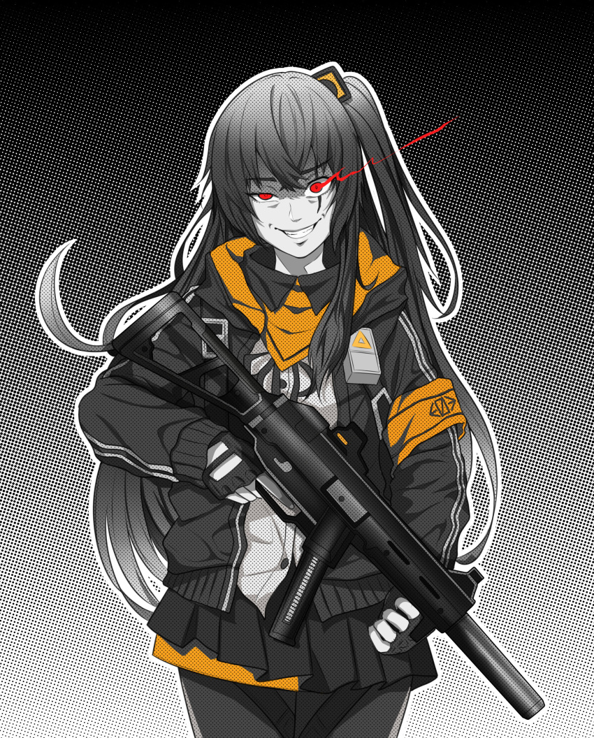 1girl absurdres black_legwear black_skirt cutout eyebrows_visible_through_hair fingerless_gloves girls_frontline gloves grey_hair grin gun highres jacket long_hair looking_at_viewer open_clothes open_jacket pantyhose red_eyes scar scar_across_eye shirt sidelocks skirt smile solo submachine_gun suppressor teeth ump45_(girls_frontline) user_uuzy7548 weapon white_shirt