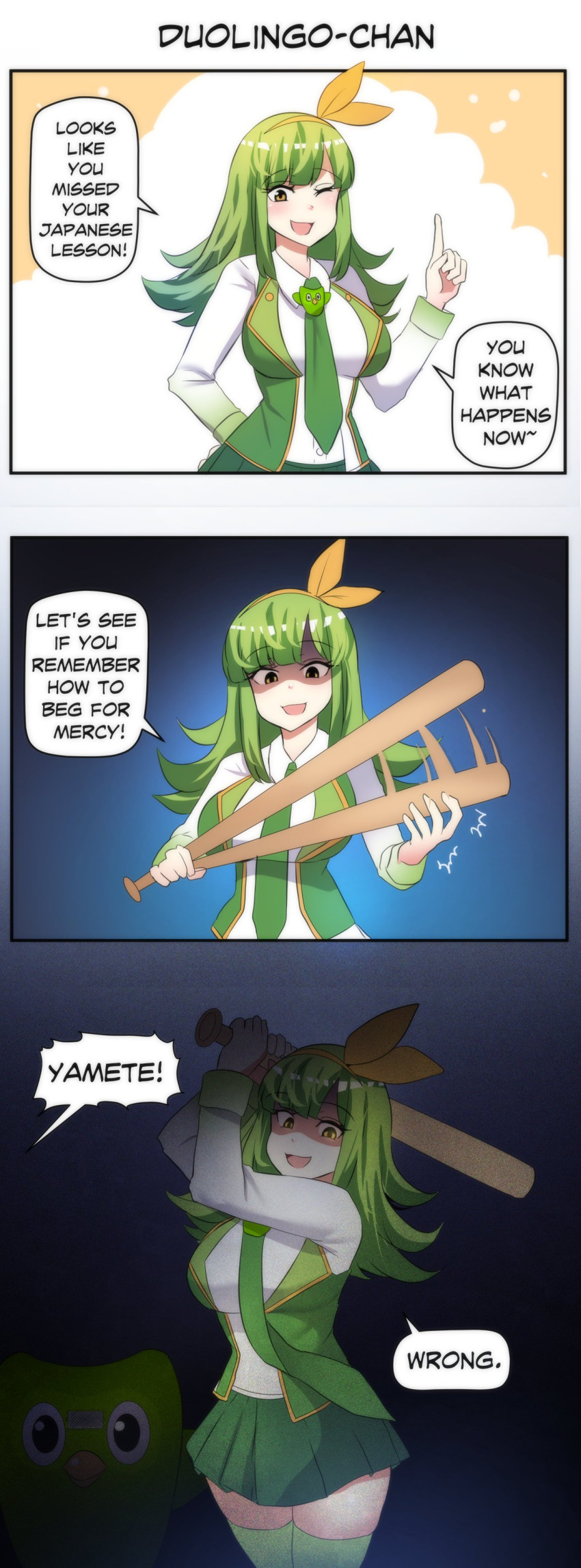 1girl 3koma absurdres arm_behind_back baseball_bat breasts collared_shirt comic dark duolingo english_text eyebrows_visible_through_hair green_hair green_neckwear green_skirt headband highres hinghoi large_breasts long_hair long_sleeves meme miniskirt necktie one_eye_closed open_mouth personification shaded_face shirt skirt stitched thigh-highs third-party_edit threat weapon white_shirt yellow_eyes yellow_headband zettai_ryouiki