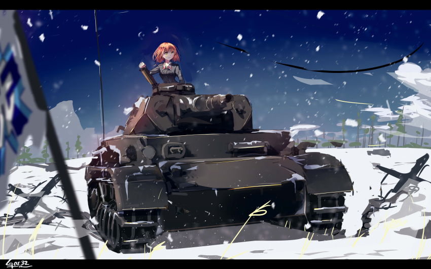 1girl absurdres artist_name brown_eyes brown_hair caterpillar_tracks girls_und_panzer ground_vehicle highres letterboxed military military_vehicle motor_vehicle nishizumi_miho ooarai_military_uniform painterly panzerkampfwagen_iv pine_tree snow solo tank tegar32 tree