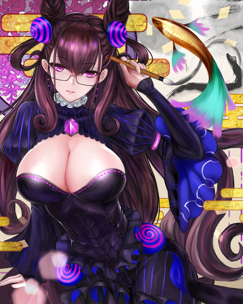1girl absurdres amethyst_(gemstone) bangs black_dress black_gloves breasts brown_hair calligraphy_brush collar commentary_request dress eyebrows_visible_through_hair eyelashes fate/grand_order fate_(series) fingernails frilled_collar frills gem gloves hair_between_eyes hair_ornament hand_to_head hand_up highres holding_brush impossible_clothes impossible_dress jewelry juliet_sleeves large_breasts long_hair long_sleeves looking_at_viewer murasaki_shikibu_(fate) paintbrush parted_lips puff_and_slash_sleeves puffy_sleeves sidelocks sleeves_past_wrists solo striped teeth two_side_up upper_body vertical_stripes very_long_hair violet_eyes wide_sleeves ytoy