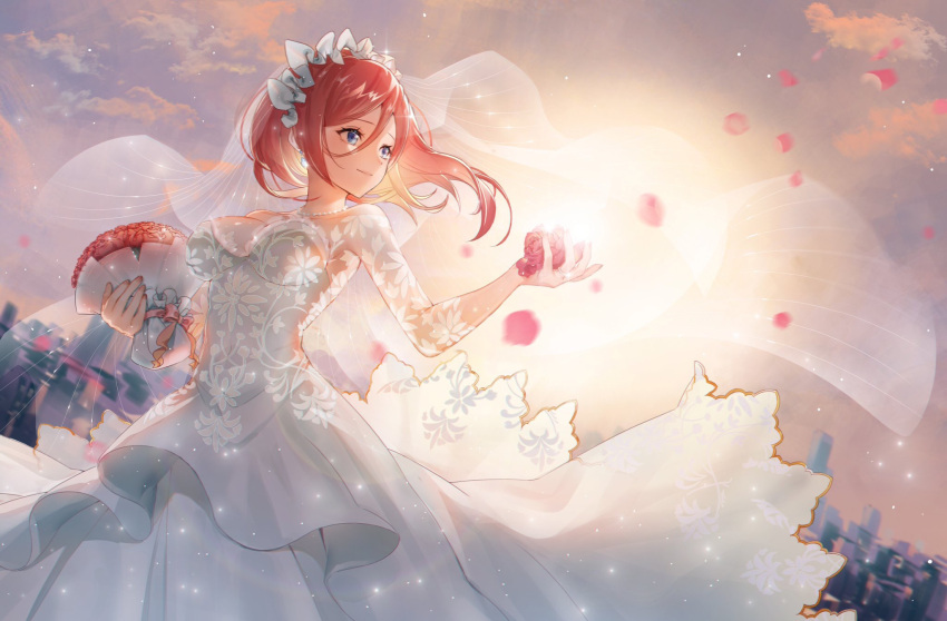 1girl backlighting bare_shoulders blue_eyes bouquet breasts bridal_veil cityscape closed_mouth covered_navel day dress earrings feet_out_of_frame flower go-toubun_no_hanayome hair_between_eyes highres holding holding_bouquet holding_flower jewelry layered_dress long_hair long_sleeves looking_away looking_to_the_side medium_breasts nakano_miku necklace outdoors petals red_flower red_rose redhead rose rose_petals sai_ichirou see-through smile solo sparkle standing sunlight veil wedding_dress white_dress