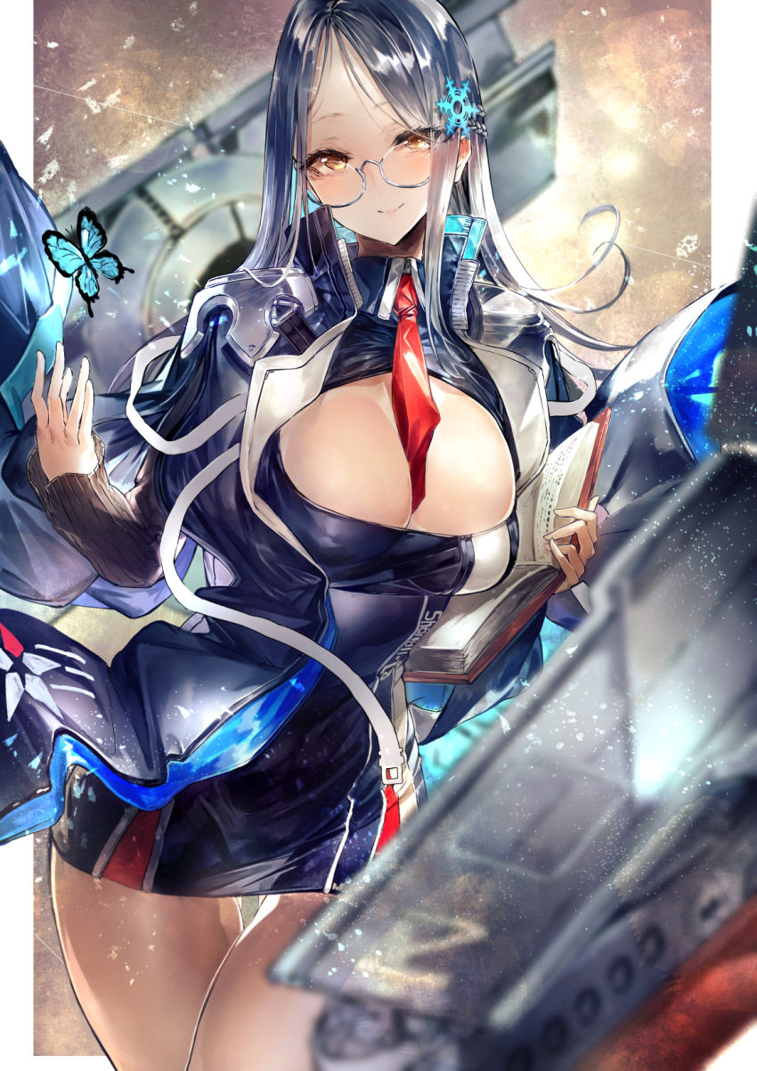 1girl azur_lane blush book braid breasts bug butterfly cleavage cleavage_cutout closed_mouth collared_dress cowboy_shot dress glasses grey_hair hair_ornament hand_up highres holding holding_book insect large_breasts light_particles long_hair long_sleeves looking_at_viewer necktie rigging semi-rimless_eyewear shangri-la_(azur_lane) short_dress sidelocks signo_aaa silver-framed_eyewear skindentation smile snowflake_hair_ornament solo thighs