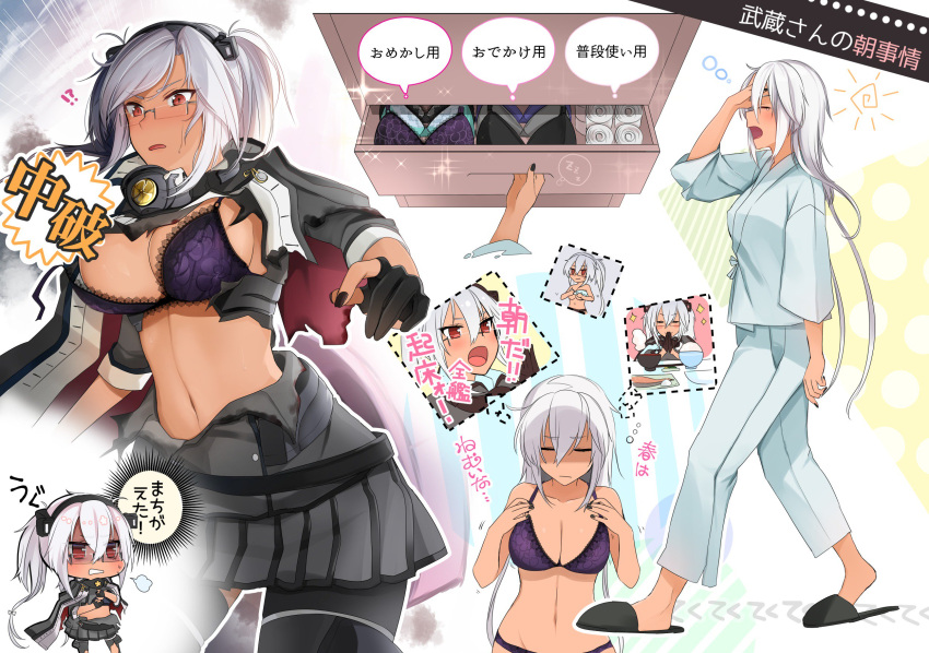 1girl alternate_costume black_footwear black_gloves black_legwear black_nails blue_pants blue_shirt blush bra breasts bursting_breasts capelet casual chibi cleavage clenched_teeth closed_eyes closed_mouth collar collarbone crossed_arms embarrassed from_side full_body glasses gloves grey_skirt headgear highres kantai_collection large_breasts long_hair messy_hair multiple_views musashi_(kantai_collection) nail_polish navel open_mouth panties pants partly_fingerless_gloves pleated_skirt purple_bra purple_panties red_eyes remodel_(kantai_collection) shaded_face shirt silver_hair skirt sleepwear slippers teeth torn_clothes translation_request twintails underwear upper_body yawning yunamaro