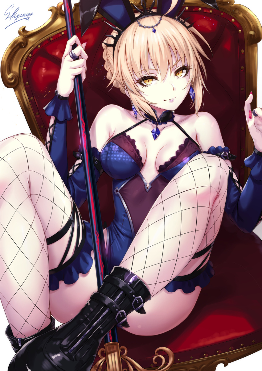 1girl ahoge amethyst_(gemstone) animal_ears artoria_pendragon_(all) artoria_pendragon_(swimsuit_rider_alter) bangs black_footwear black_legwear blonde_hair blue_leotard boots braid breasts broom chair choker cleavage_cutout commentary detached_sleeves eyebrows_visible_through_hair fake_animal_ears fate/grand_order fate_(series) fishnet_legwear fishnets glint hairband hand_up highres holding holding_broom holding_weapon jacket jewelry knees_up leotard light_particles light_smile looking_at_viewer medium_breasts multicolored_leotard multiple_rings nail_polish navel open_clothes purple_leotard purple_lips rabbit_ears red_nails ribbon ring sakiyamama shoes short_hair signature simple_background sitting solo thigh-highs tsurime weapon white_background yellow_eyes