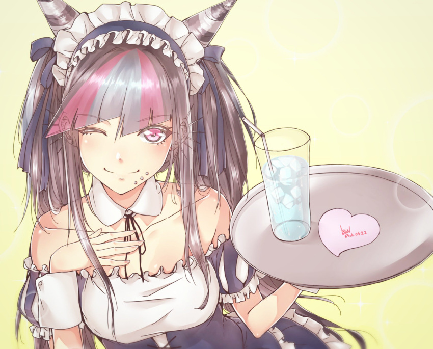 1girl black_hair black_ribbon blue_hair breasts collarbone commentary_request dangan_ronpa dot_nose dress ear_piercing heart highres holding horns ice ice_cube lip_piercing long_hair looking_at_viewer maid maid_dress maid_headdress medium_breasts mioda_69ch mioda_ibuki multicolored_hair piercing pink_eyes pink_hair ribbon simple_background smile solo strapless strapless_dress super_dangan_ronpa_2 white_hair wrist_cuffs yellow_background