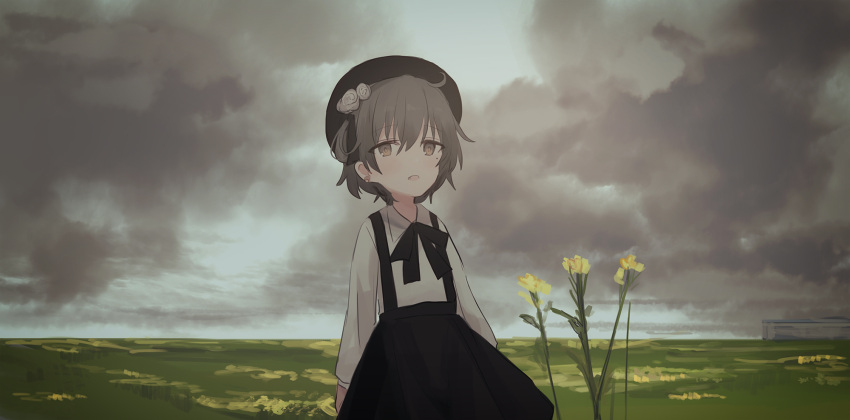 1girl bandaid bangs beret black_bow black_headwear black_ribbon black_skirt blue_skirt bow brown_eyes brown_hair building chihuri clouds cloudy_sky collared_shirt commentary day eyebrows_visible_through_hair fang field flower grass hair_between_eyes hair_flower hair_ornament hat hatoba_tsugu hatoba_tsugu_(character) highres horizon long_sleeves looking_at_viewer one_side_up open_mouth outdoors overcast ribbon rose shirt skirt sky solo standing suspender_skirt suspenders virtual_youtuber white_flower white_rose white_shirt yellow_flower
