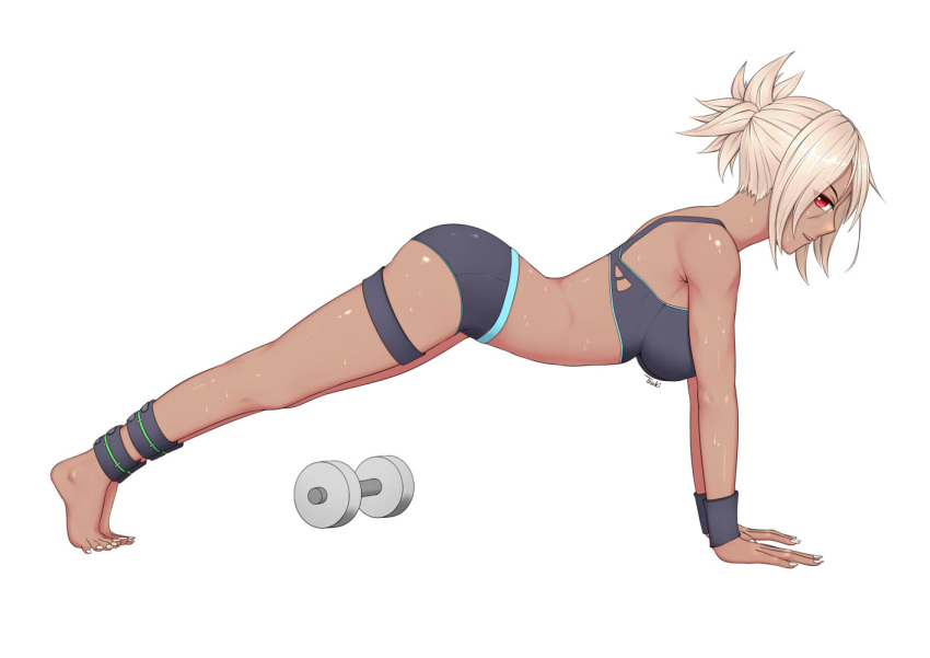 1girl ankleband arched_back black_bra black_panties bra breasts dark_skin dumbbell exercise hair_ornament large_breasts league_of_legends looking_at_viewer nail_polish on_all_fours panties parted_lips push_ups red_eyes riven_(league_of_legends) ryu_seung short_ponytail solo sports_bra sweat sweatband tan thigh_strap underwear white_hair white_nails wristband