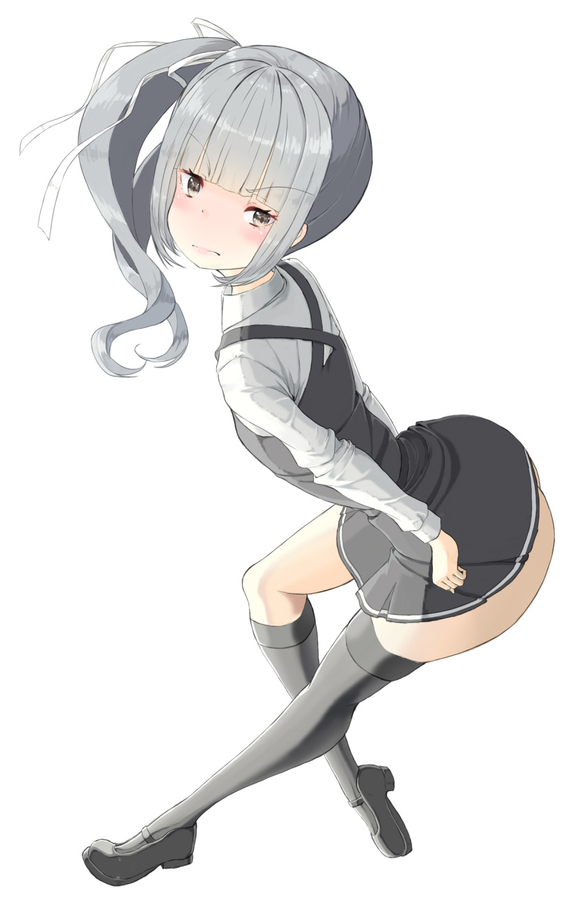 ass bangs black_footwear black_legwear blush clenched_hand commentary_request curly_hair dress embarrassed grey_dress grey_eyes hair_ribbon highres holding_dress kantai_collection kasumi_(kantai_collection) kneehighs looking_at_viewer no_(152763) no_panties pout pouty_lips ribbon school_uniform shiny shiny_clothes shiny_skin shirt shoes short_dress side_ponytail silver_hair simple_background white_background white_ribbon white_shirt