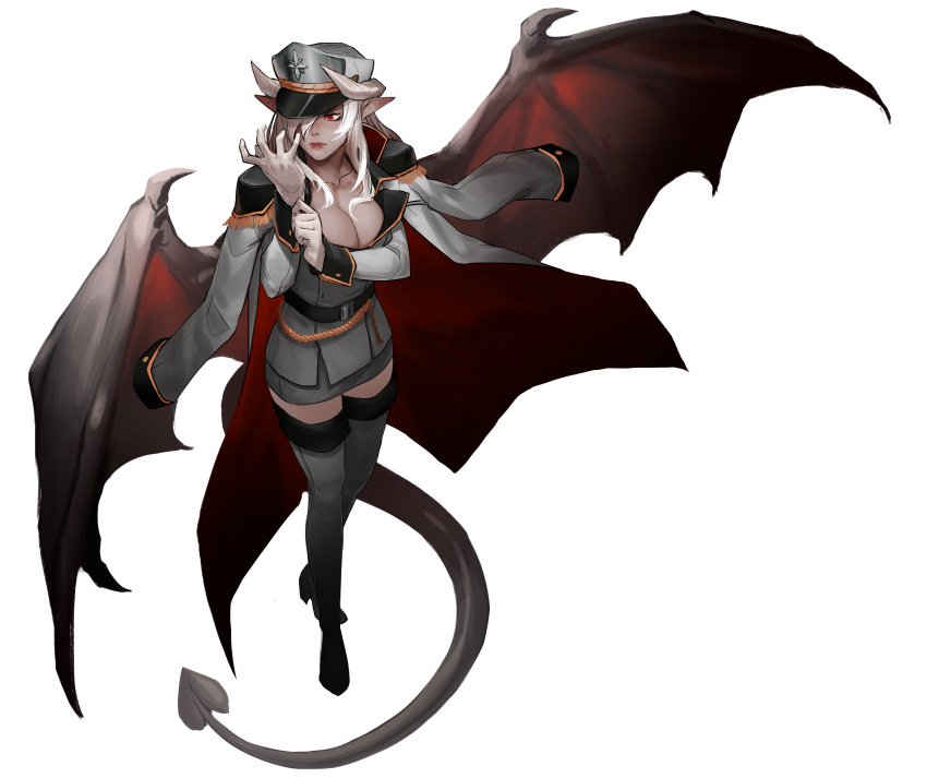 1girl absurdres belt boots breasts cape cleavage collarbone commission demon_girl demon_horns demon_tail demon_wings epaulettes frown full_body glove_pull gloves grey_footwear hair_over_one_eye hand_up hat high_heel_boots high_heels highres horns huge_filesize jacket_on_shoulders large_breasts less lilim_(monster_girl_encyclopedia) long_hair long_sleeves looking_away miniskirt monster_girl_encyclopedia pencil_skirt pointy_ears red_eyes serious skirt solo standing tail thigh-highs thigh_boots transparent_background victoria_(lilim) white_gloves white_hair wings zettai_ryouiki