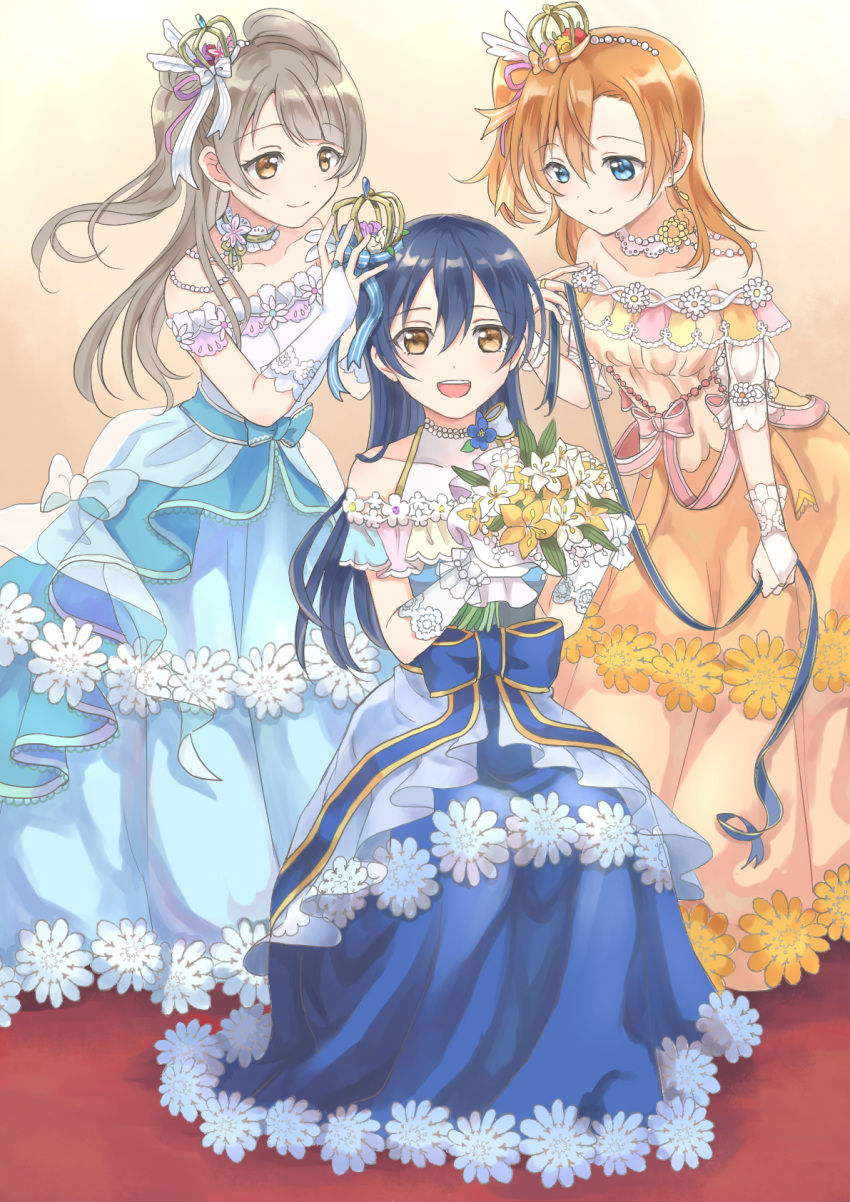 3girls bangs bare_shoulders blue_dress blue_eyes blue_hair blush choker commentary_request crown dress eyebrows_visible_through_hair gloves grey_hair hair_between_eyes hair_ornament hairdressing highres kousaka_honoka long_hair looking_at_viewer love_live! love_live!_school_idol_festival love_live!_school_idol_project minami_kotori mini_crown multiple_girls nanami_(nnsk_nnm) off-shoulder_dress off_shoulder one_side_up open_mouth orange_dress orange_hair sitting sleeveless sleeveless_dress smile sonoda_umi standing white_gloves yellow_eyes