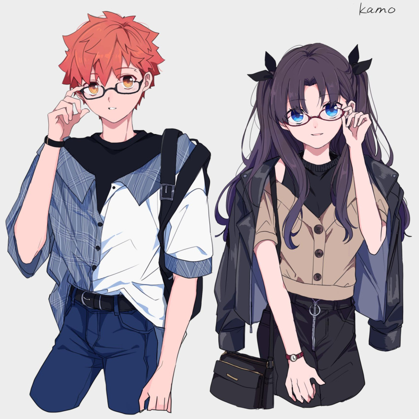 1boy 1girl adjusting_eyewear alternate_costume artist_name bespectacled black_hair black_legwear blue_eyes brown_eyes emiya_shirou fate/stay_night fate_(series) glasses hair_ribbon highres kamo_0707 long_hair long_sleeves looking_at_viewer orange_hair ribbon smile tohsaka_rin two_side_up type-moon unlimited_blade_works upper_body