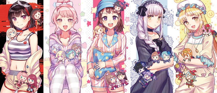 &gt;_&lt; &gt;_o 5girls :d ;d alternate_hairstyle aoba_moca aqua_hair bang_dream! bangs black_bow black_dress black_hair black_hairband blonde_hair blue_eyes blush bow braid brown_hair character_doll crop_top dress frilled_pillow frilled_sleeves frills frown grey_hair hair_bow hair_bun hair_ornament hair_ribbon hair_up hairband hanazono_tae hand_holding hand_on_hip hat hazawa_tsugumi head_scarf hikawa_hina hikawa_sayo hood hood_down hug ichigaya_arisa imai_lisa jacket jewelry kitazawa_hagumi lipstick_mark lolita_hairband looking_at_viewer maruyama_aya matsubara_kanon michelle_(bang_dream!) minato_yukina mitake_ran mob_cap multicolored_hair multiple_girls navel nightgown on_shoulder one_eye_closed open_mouth orange_hair pajamas pendant pillow purple_hair red_eyes redhead ribbon shirasagi_chisato shirokane_rinko shirt short_hair short_shorts shorts sidelocks single_braid sitting smile smiley_face star star_pillow streaked_hair striped striped_hoodie striped_legwear striped_shirt thigh-highs tiny_(tini3030) toyama_kasumi tsurumaki_kokoro u_u udagawa_ako udagawa_tomoe uehara_himari ushigome_rimi vertical-striped_shirt vertical-striped_shorts vertical_stripes wakamiya_eve white_bow white_hair white_ribbon x_hair_ornament xd yamabuki_saaya yamato_maya yellow_eyes yellow_jacket yellow_shorts