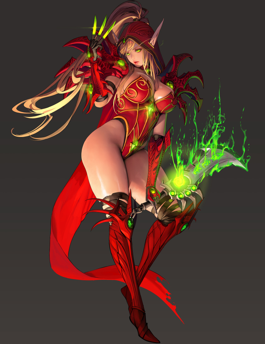 1girl absurdres blonde_hair blood_elf breasts elf emerald_(gemstone) gauntlets gem greaves green_eyes hearthstone highres hood knife large_breasts leotard long_hair nightmadness pauldrons pointy_ears ponytail throwing_knife valeera_sanguinar warcraft weapon