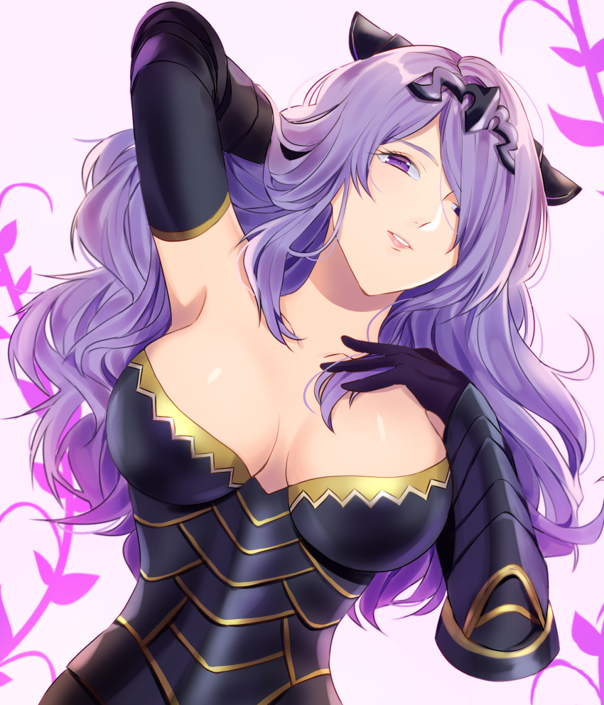 1girl aapon absurdres arm_up armor armored_dress armpits black_gloves breasts camilla_(fire_emblem_if) cleavage elbow_gloves fire_emblem fire_emblem_if gauntlets gloves hair_over_one_eye highres horn_ornament large_breasts lavender_hair lips long_hair looking_at_viewer nintendo parted_lips simple_background smile solo tiara upper_body violet_eyes white_background