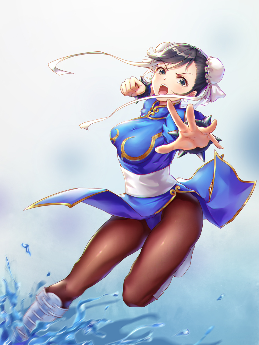 1girl alternate_hair_color bangs black_hair blue_dress boots bracelet breasts brown_legwear bun_cover capcom china_dress chinese_clothes chun-li clenched_hand commentary_request cross-laced_footwear d3c double_bun dress earrings fighting_stance gold_trim grey_eyes hands_up highres jewelry medium_breasts open_mouth outstretched_arm pantyhose pelvic_curtain puffy_sleeves sash short_sleeves side_slit simple_background smile solo spiked_bracelet spikes standing standing_on_one_leg street_fighter thighs upper_teeth v-shaped_eyebrows white_footwear wind wind_lift