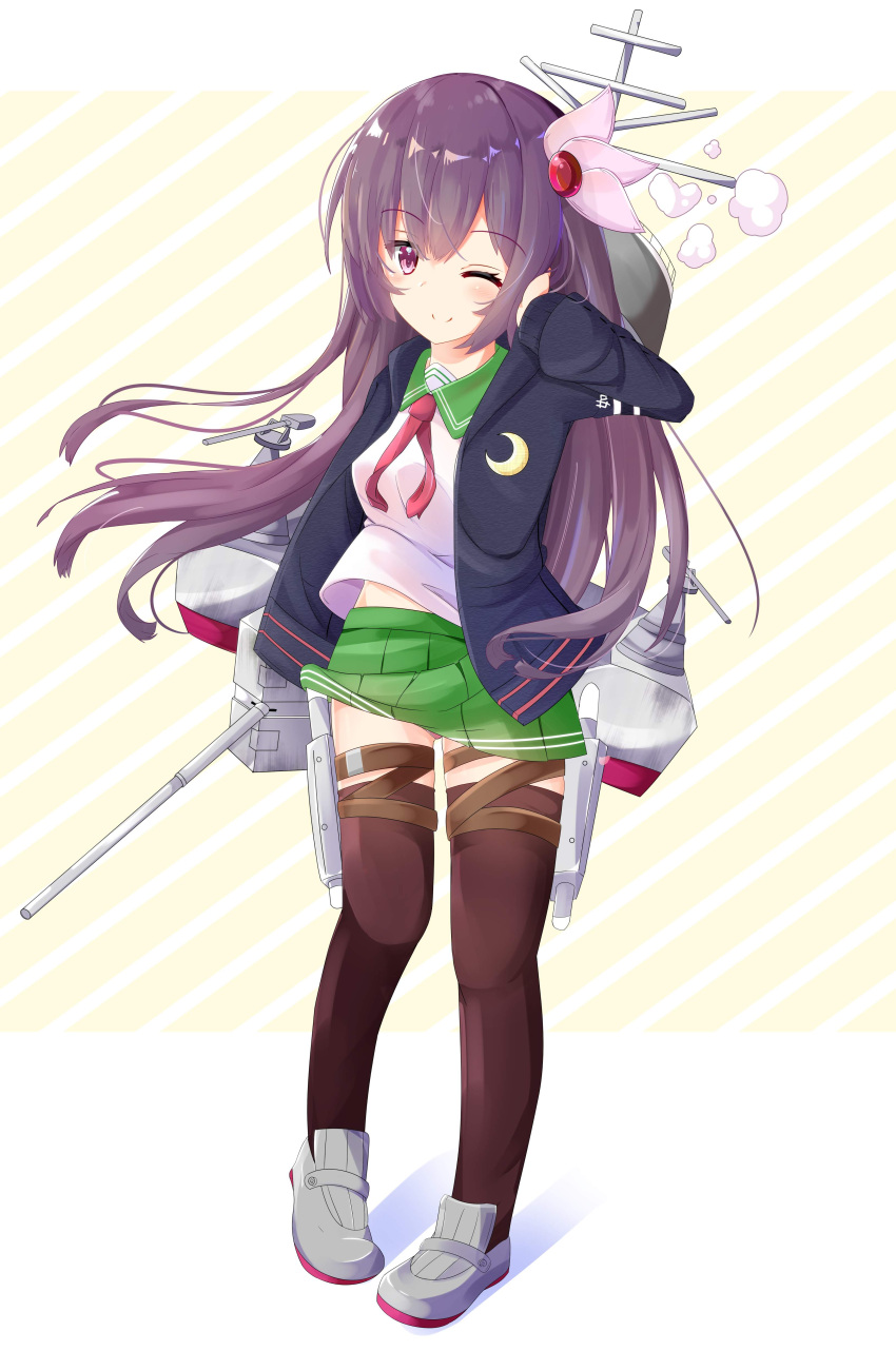 1girl ;) absurdres accidental_exposure bangs black_jacket blush brown_hair brown_legwear cannon closed_mouth commentary_request crescent crescent_moon_pin eyebrows_visible_through_hair full_body green_sailor_collar green_skirt grey_footwear hair_between_eyes hair_ornament hand_up highres jacket kantai_collection kisaragi_(kantai_collection) loafers long_hair machinery neckerchief nekoyanagi_(azelsynn) one_eye_closed open_clothes open_jacket panties pink_panties pleated_skirt red_eyes red_neckwear sailor_collar school_uniform serafuku shirt shoes skirt smile smoke solo standing thigh-highs turret underwear very_long_hair white_shirt