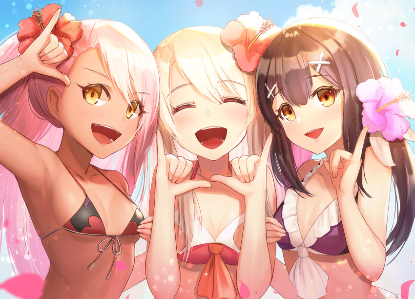 3girls :d ^_^ bikini black_hair blue_sky breasts chloe_von_einzbern closed_eyes closed_eyes clouds commentary_request day dolce_(dolsuke) eyebrows_visible_through_hair fate/kaleid_liner_prisma_illya fate_(series) flower hair_flower hair_ornament happy illyasviel_von_einzbern long_hair looking_at_viewer miyu_edelfelt multiple_girls open_mouth petals pink_hair side_ponytail sky small_breasts smile swimsuit teeth upper_body white_hair x_hair_ornament yellow_eyes