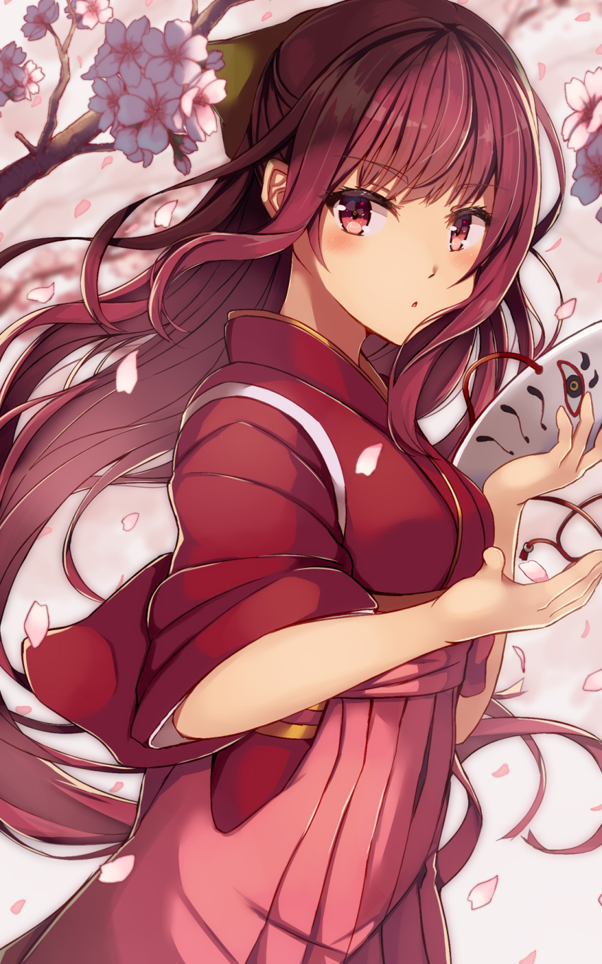 1girl :o bangs blurry blush breasts cherry_blossoms commentary_request cowboy_shot depth_of_field eyebrows_visible_through_hair from_side hakama highres hip_vent holding holding_mask japanese_clothes kamikaze_(kantai_collection) kantai_collection kimono long_hair looking_at_viewer looking_to_the_side mask mask_removed medium_breasts natsu_narumi parted_lips petals pink_hakama purple_hair purple_kimono sidelocks solo
