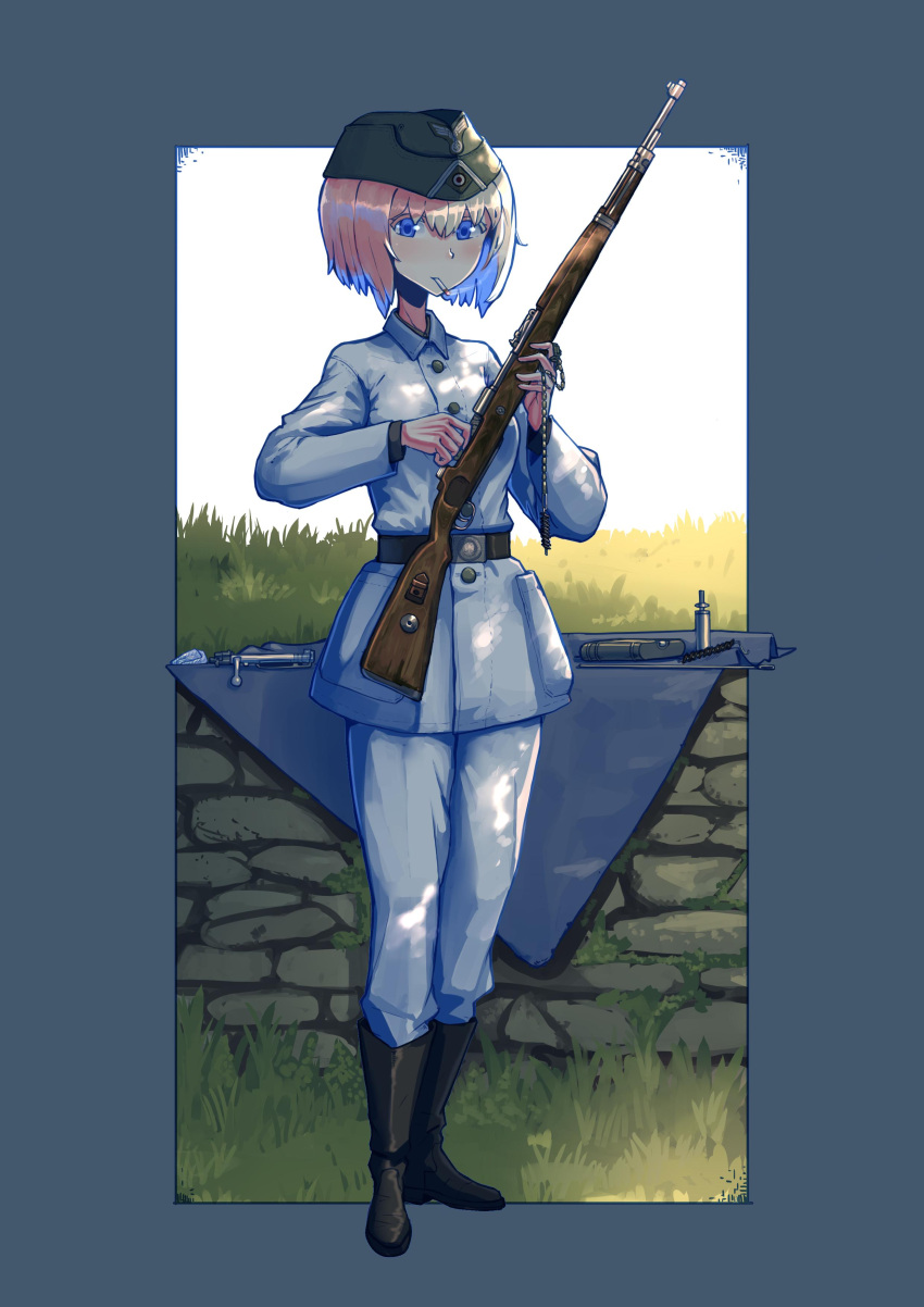 1girl absurdres belt blonde_hair blue_eyes bolt_action boots cigarette disassembly erica_(naze1940) garrison_cap grass gun hat highres holding mauser_98 military military_uniform original rifle short_hair soldier solo stone_wall uniform wall weapon world_war_ii