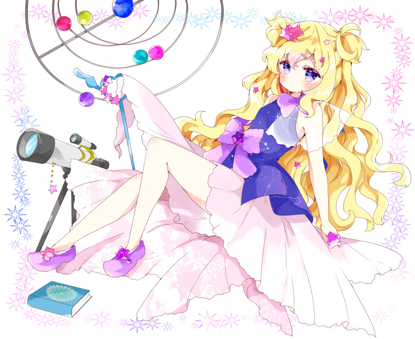 1girl bangs blonde_hair blue_shirt blush book bow closed_mouth commentary eyebrows_visible_through_hair full_body gradient_hair hair_between_eyes heart highres holding holding_star long_hair looking_at_viewer multicolored_hair original purple_bow purple_footwear purple_hair reclining see-through shirt shoes skirt sleeveless sleeveless_shirt solo star symbol_commentary telescope tsukiyo_(skymint) two_side_up very_long_hair violet_eyes white_background white_skirt