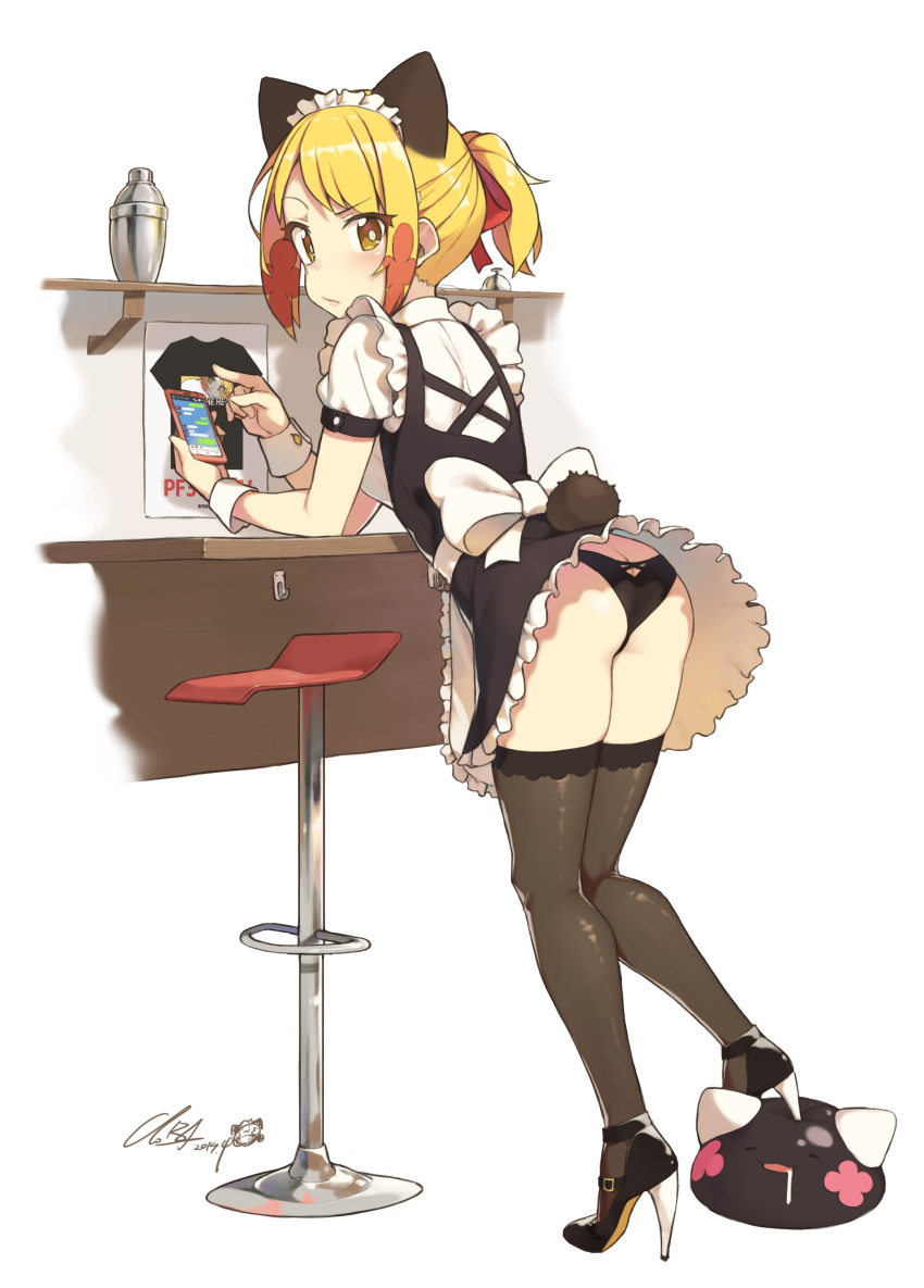 1girl absurdres animal_ears ass bent_over black_footwear black_legwear black_panties blonde_girl_(cloba) blonde_hair breasts cellphone cloba closed_mouth dated dress frilled_dress frills from_behind hair_ribbon headdress high_heels highres holding holding_phone long_hair looking_at_viewer looking_back maid original panties phone red_ribbon ribbon short_sleeves sidelocks signature skindentation smartphone solo standing stool tail thigh-highs underwear white_ribbon wrist_cuffs yellow_eyes