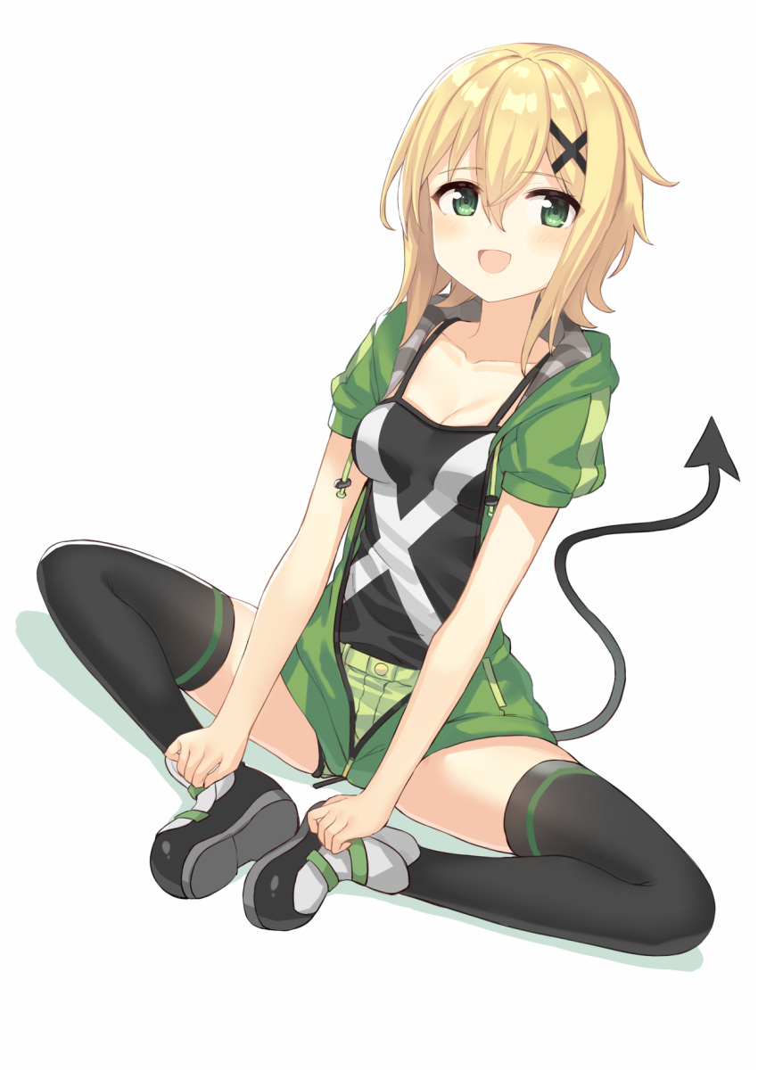 1girl :d akatsuki_kirika bangs black_camisole black_footwear black_legwear blonde_hair blush breasts camisole cleavage collarbone commentary_request demon_tail drawstring eyebrows_visible_through_hair full_body green_eyes green_jacket green_shorts hair_between_eyes hair_ornament hajime_kaname highres jacket long_hair medium_breasts open_clothes open_jacket open_mouth puffy_short_sleeves puffy_sleeves senki_zesshou_symphogear shadow shoe_soles shoes short_shorts short_sleeves shorts smile solo tail tail_raised thigh-highs x_hair_ornament