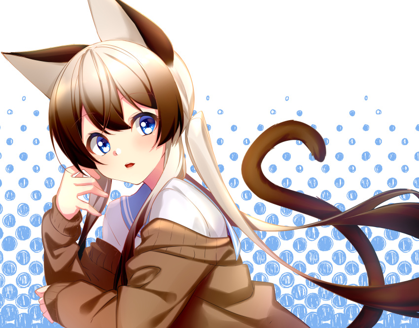 1girl absurdres animal_ears bangs blue_eyes blue_sailor_collar blush brown_cardigan brown_hair cat_ears commentary_request eyebrows_visible_through_hair gradient_hair hair_between_eyes halftone halftone_background hands_up highres long_hair long_sleeves looking_at_viewer looking_to_the_side multicolored_hair off_shoulder original parted_lips rukinya_(nyanko_mogumogu) sailor_collar shirt sleeves_past_wrists solo tail tail_raised twintails very_long_hair white_hair white_shirt