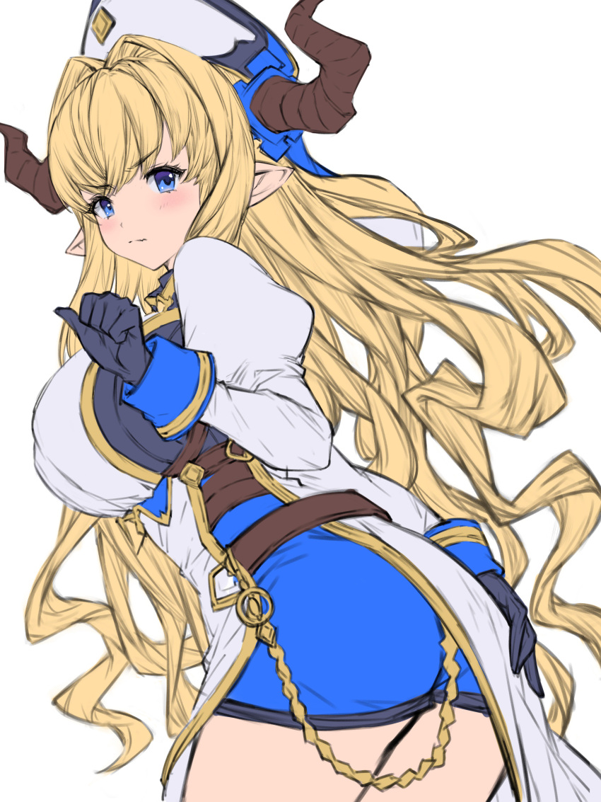 absurdres bangs blonde_hair blue_eyes breasts draph gloves granblue_fantasy hat highres honyaru_(nanairo39) horns large_breasts long_hair looking_at_viewer pointy_ears rastina very_long_hair