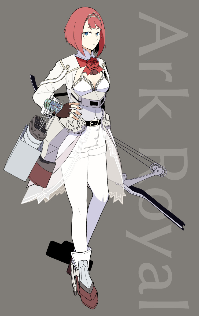1girl ark_royal_(kantai_collection) arrow bangs blue_eyes blunt_bangs bob_cut bow_(weapon) brown_gloves character_name cleavage_cutout compound_bow fingerless_gloves flower gloves grey_background hairband hand_on_hip highres jacket kantai_collection long_sleeves looking_at_viewer overskirt pantyhose quiver red_flower red_ribbon red_rose redhead ribbon rose short_hair shorts simple_background solo tanaka_io_(craftstudio) tiara weapon white_legwear white_shorts