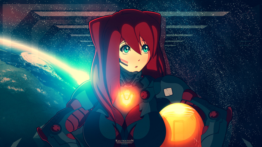 1girl aqua_eyes blue_bodysuit bodysuit breasts earth erkerut helmet highres holding large_breasts long_hair open_mouth planet redhead sky solo space space_station spacesuit star star_(sky) starry_background starry_sky