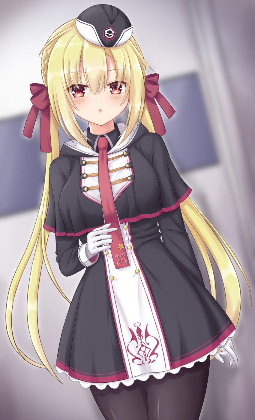1girl arihara_nanami arm_at_side black_capelet black_headwear black_jacket black_pantyhose black_skirt blonde_hair blurry blurry_background blush bow braid breasts capelet commentary cowboy_shot curvy double-parted_bangs eyelashes eyes_visible_through_hair frilled_skirt frills garrison_cap gloves hair_between_eyes hair_bow hair_ribbon hat highres hood hood_down hooded_jacket indoors jacket large_breasts long_hair looking_at_viewer low_twintails military military_uniform necktie open_mouth pantyhose red_bow red_eyes red_necktie red_ribbon ribbon riddle_joker side_braids skirt solo standing star_(symbol) twintails uniform very_long_hair white_gloves yuunagi_(yunagi1373)