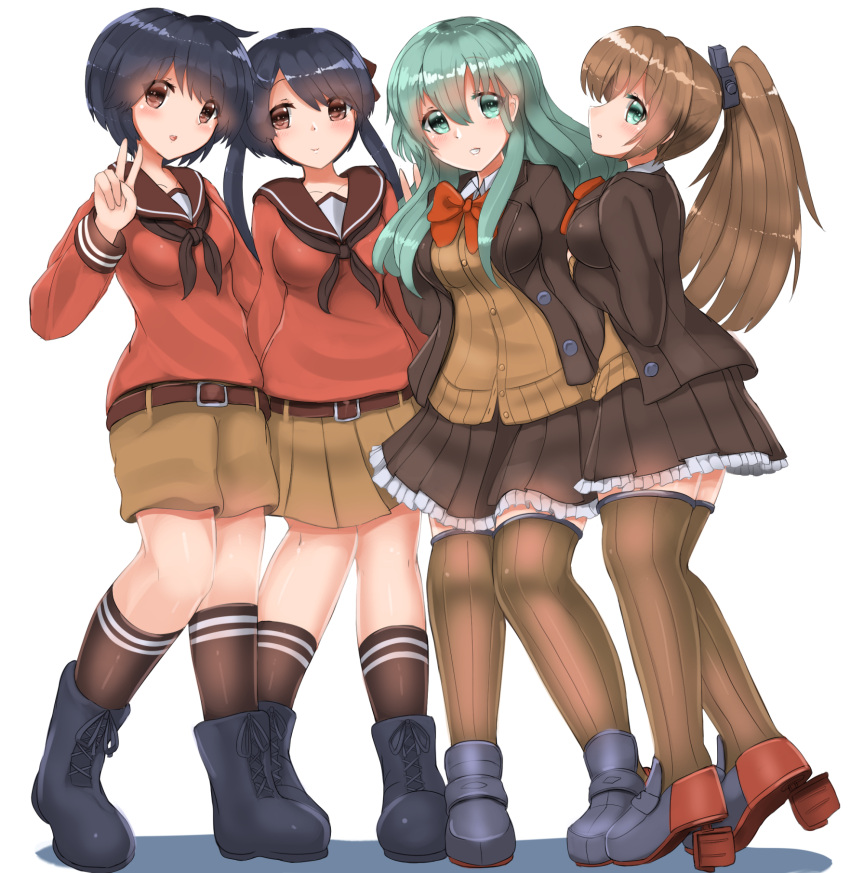 4girls aqua_eyes aqua_hair bangs black_footwear black_hair black_legwear black_neckwear blazer boots brown_eyes brown_hair brown_legwear brown_shirt brown_shorts brown_skirt commentary_request cross-laced_footwear frilled_skirt frills full_body green_eyes hair_ornament hairclip high_ponytail highres jacket kantai_collection kneehighs kumano_(kantai_collection) lace-up_boots long_hair long_sleeves looking_at_viewer mikuma_(kantai_collection) mogami_(kantai_collection) multiple_girls neckerchief ponytail redundant-cat remodel_(kantai_collection) school_uniform serafuku shirt short_hair shorts simple_background skirt suzuya_(kantai_collection) swept_bangs thigh-highs twintails v white_background