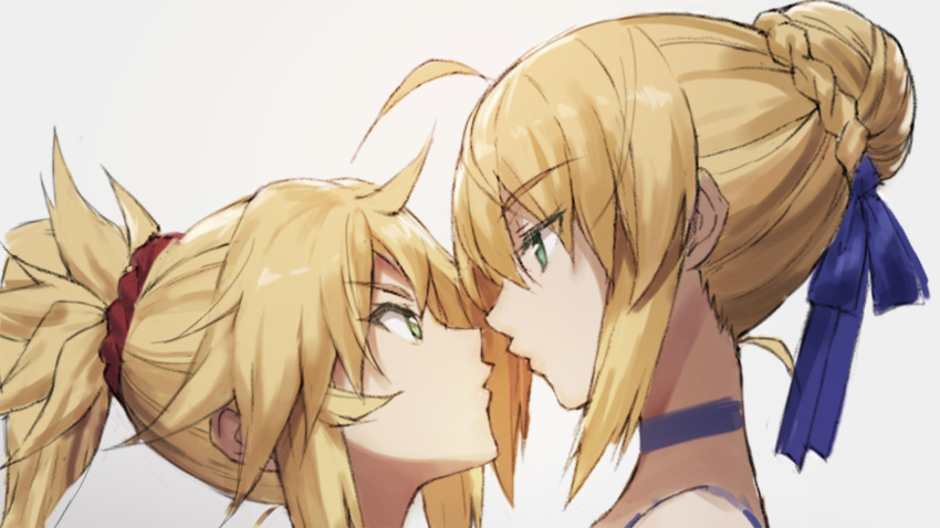 2girls ahoge artoria_pendragon_(all) bangs blonde_hair blue_ribbon braid eyebrows_visible_through_hair fate_(series) green_eyes hair_ornament hair_ribbon hair_scrunchie highres mordred_(fate) mordred_(fate)_(all) multiple_girls red_scrunchie ribbon saber scrunchie simple_background symbol_commentary tonee