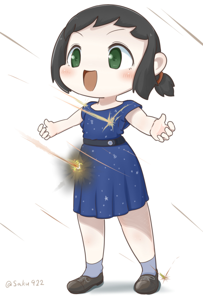1girl black_hair blue_dress brown_footwear bullet_line bullet_trail commentary_request dress fubuki_(kantai_collection) full_body green_eyes grey_legwear highres kantai_collection low_ponytail open_mouth outstretched_arms polka_dot polka_dot_dress ponytail sakusan shoes short_ponytail sidelocks simple_background smile socks solo standing white_background