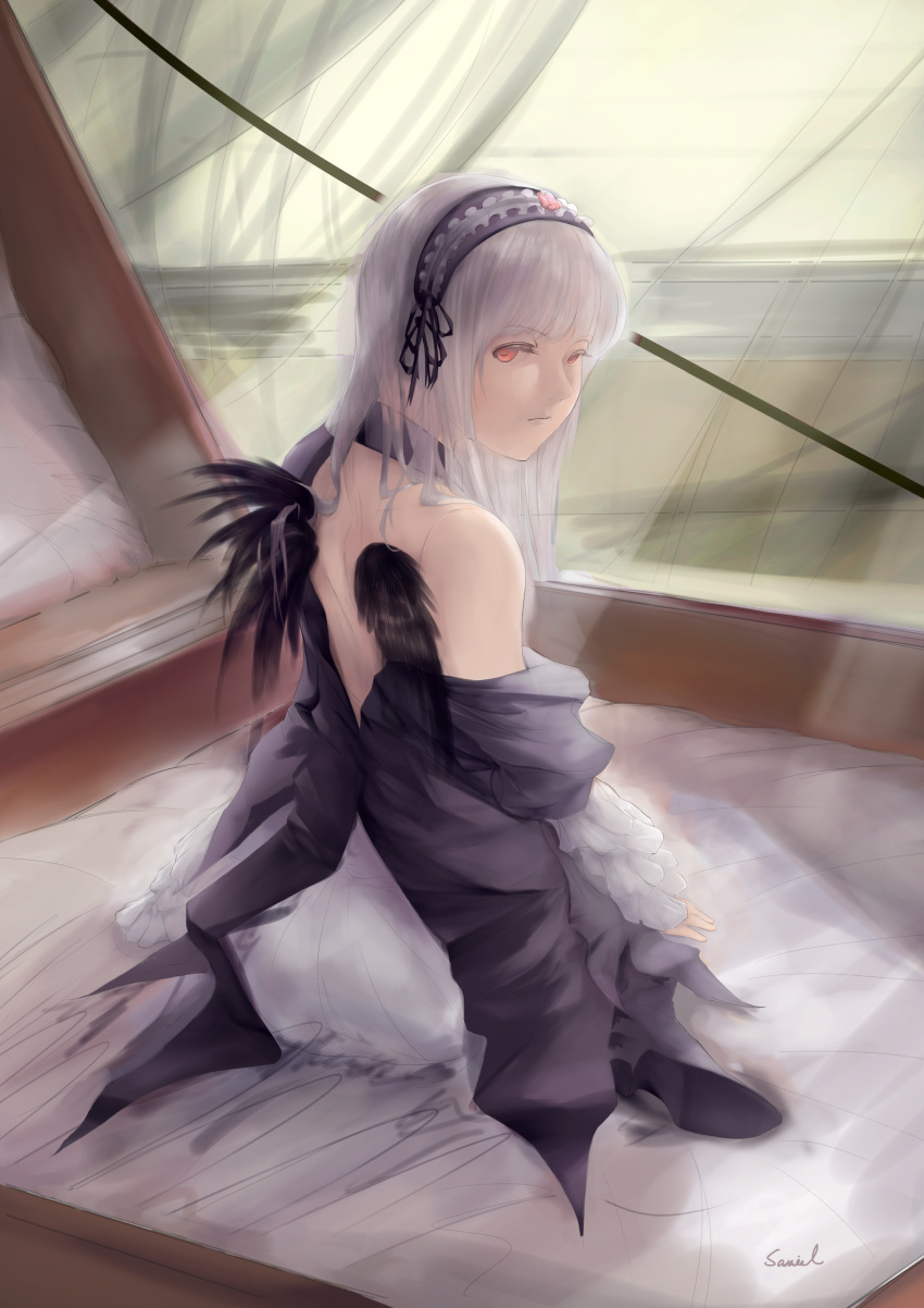 1girl absurdres bare_shoulders black_wings choker frills from_behind gothic_lolita grey_hair highres lolita_fashion long_hair looking_at_viewer off_shoulder painterly red_eyes rozen_maiden samiel short_wings shoulder_blades solo suigintou wings