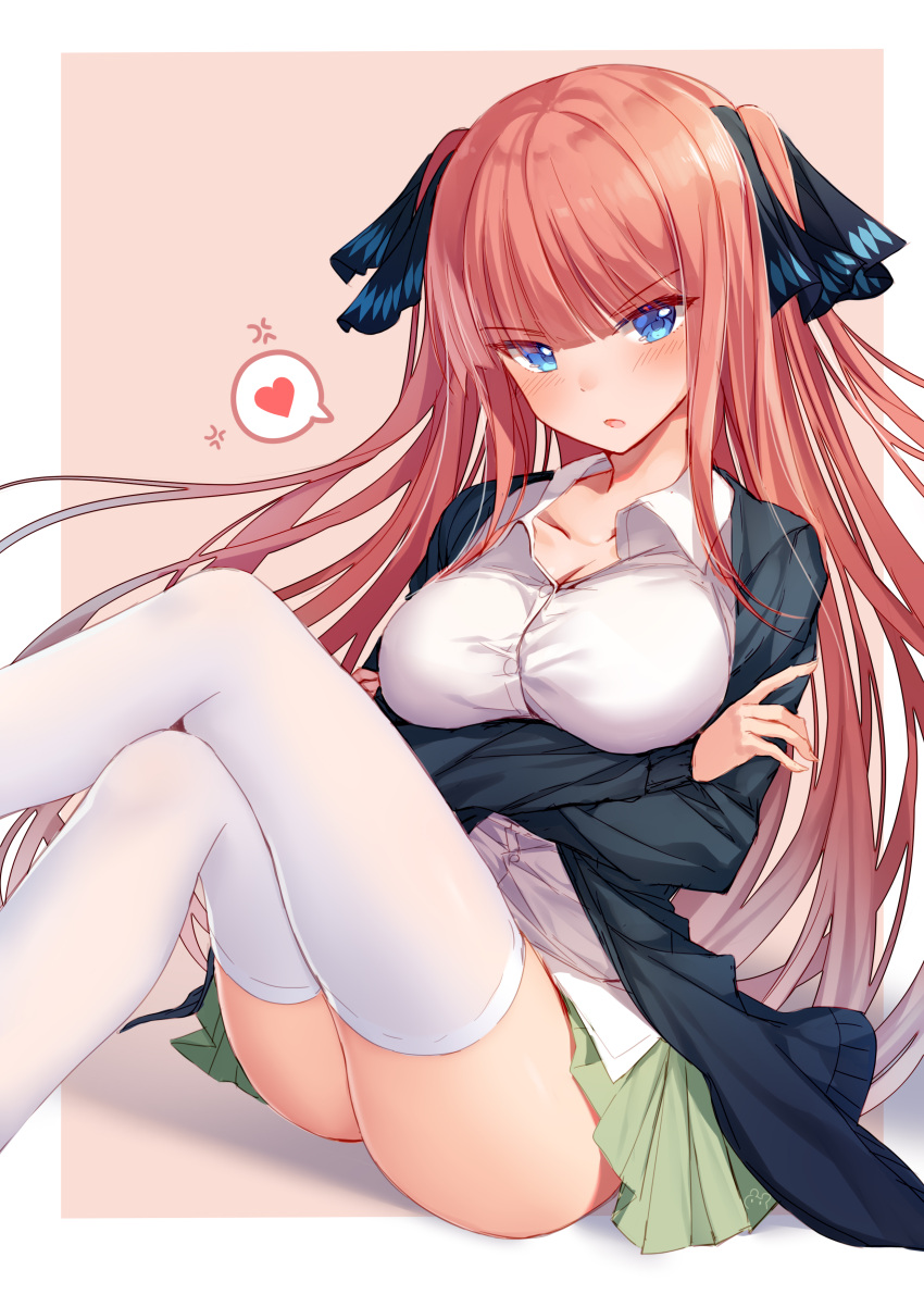 1girl :o absurdres anger_vein ass bison_cangshu black_jacket blue_eyes blush breasts buttons cleavage collarbone collared_shirt commentary_request crossed_arms dress_shirt go-toubun_no_hanayome green_skirt hair_ornament heart highres jacket knees_up large_breasts legs_crossed long_hair long_sleeves looking_at_viewer miniskirt nakano_nino open_clothes open_jacket parted_lips pleated_skirt redhead school_uniform shirt sitting skirt solo spoken_heart thigh-highs two_side_up v-shaped_eyebrows very_long_hair white_legwear white_shirt