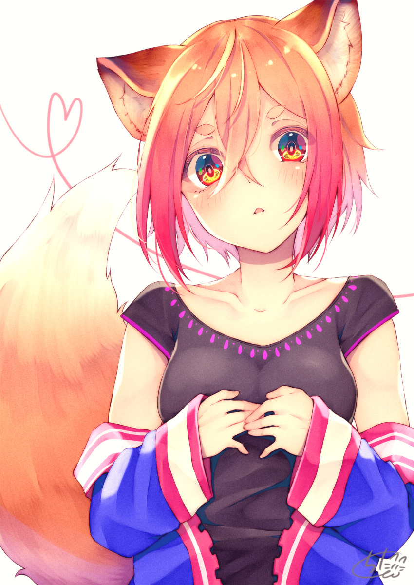 1girl animal_ear_fluff animal_ears bangs black_shirt blue_jacket blush brown_hair chita_(ketchup) collarbone commentary_request fox_ears fox_girl fox_tail gradient_hair hair_between_eyes head_tilt heart highres jacket long_sleeves multicolored_hair off_shoulder open_clothes open_jacket original parted_lips red_eyes redhead shirt short_eyebrows short_hair short_sleeves signature simple_background sleeves_past_wrists solo tail thick_eyebrows white_background wide_sleeves