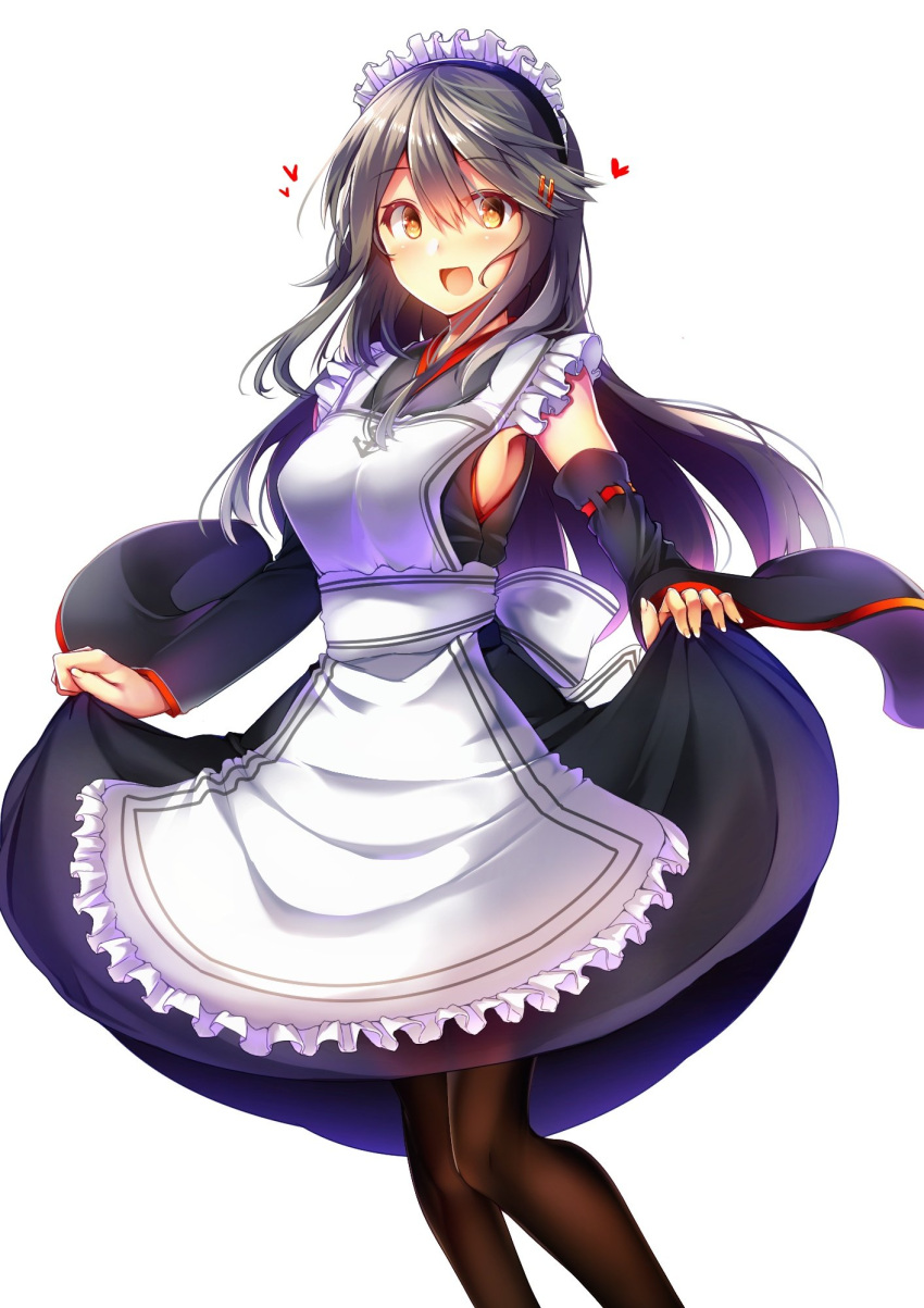 1girl :d apron bangs black_hair blush bow breasts cleavage collarbone detached_sleeves dress dress_lift eyebrows_visible_through_hair hair_between_eyes hair_ornament hairband haruna_(kantai_collection) heart highres jewelry kantai_collection large_breasts lifted_by_self long_hair looking_at_viewer maid maid_headdress open_mouth pantyhose red_bow ring sidelocks simple_background smile solo standing tareme tsukui_kachou wedding_band white_background wide_sleeves wrist_cuffs