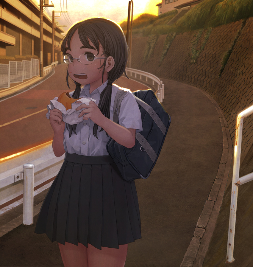 1girl bag eating eyebrows food food_on_face glasses hamburger highres looking_at_viewer minamohajime original pleated_skirt scenery school_bag school_uniform shirt skirt solo sunset thick_eyebrows twintails