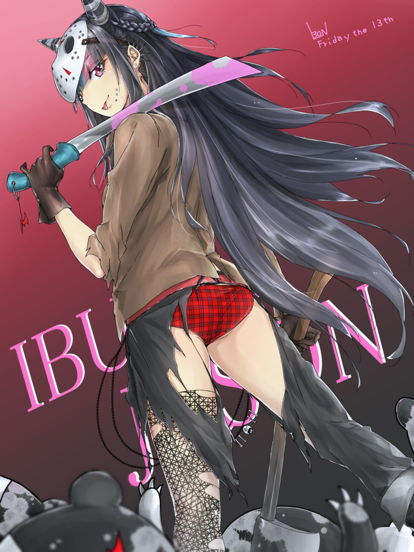 1girl ass black_gloves black_hair black_skirt blood bloody_weapon blue_eyes braid brown_shirt character_name chin_piercing dual_wielding fishnet_legwear fishnets floating_hair from_behind from_below gloves highres holding holding_sword holding_weapon long_hair looking_at_viewer mioda_69ch monokuma panties pink_eyes pink_hair plaid plaid_panties red_background red_panties shirt signature skirt solo standing sword thigh-highs tied_hair tongue tongue_out torn_clothes torn_shirt torn_skirt underwear very_long_hair weapon