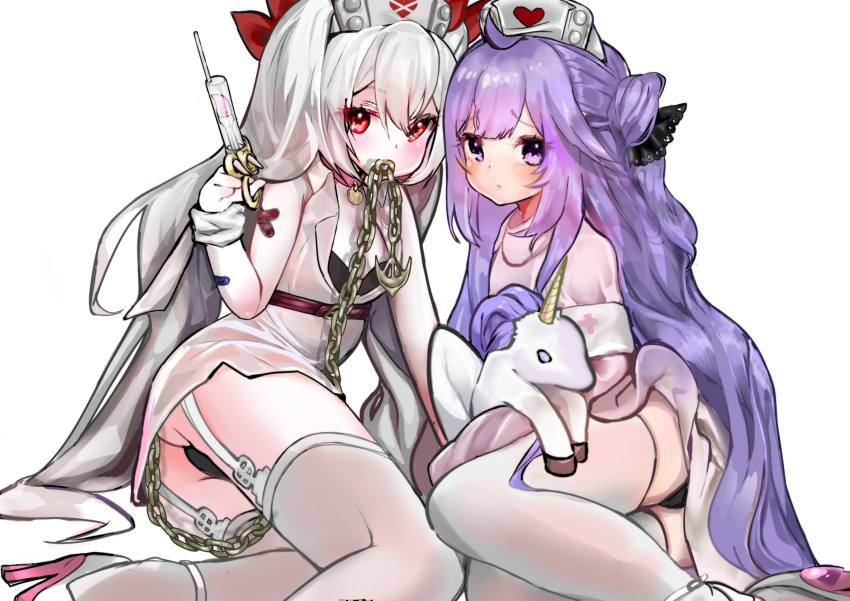 2girls absurdres ahoge armband ass azur_lane bandaid bangs belt black_bra black_panties black_ribbon bra breasts chains choker cross dress hair_bun hair_ribbon hat heart high_heels highres long_hair looking_at_viewer multiple_girls nurse_cap panties pink_choker purple_hair rasukii_(pamiton) red_eyes red_ribbon ribbon see-through side_bun sidelocks sitting small_breasts stuffed_alicorn symbol_commentary syringe thigh-highs thigh_strap underwear unicorn_(azur_lane) vampire_(azur_lane) very_long_hair violet_eyes white_dress white_footwear white_hair white_ribbon wrist_ribbon