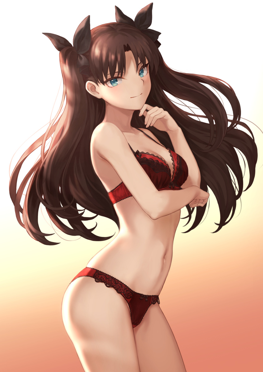 1girl aqua_eyes ass bangs bare_arms bare_legs bare_shoulders black_ribbon blush bow bow_bra bow_lingerie bow_panties bra breasts brown_hair cleavage closed_mouth collarbone commentary_request fate/stay_night fate_(series) floating_hair gradient gradient_background hair_ribbon hand_on_own_chin hand_up highres lace lace-trimmed_bra lace-trimmed_lingerie lace-trimmed_panties legs legs_together lingerie long_hair looking_at_viewer mashu_003 midriff navel neck panties parted_bangs red_bra red_lingerie red_panties ribbon small_breasts smile solo standing stomach thighs tohsaka_rin two_side_up type-moon underwear underwear_only