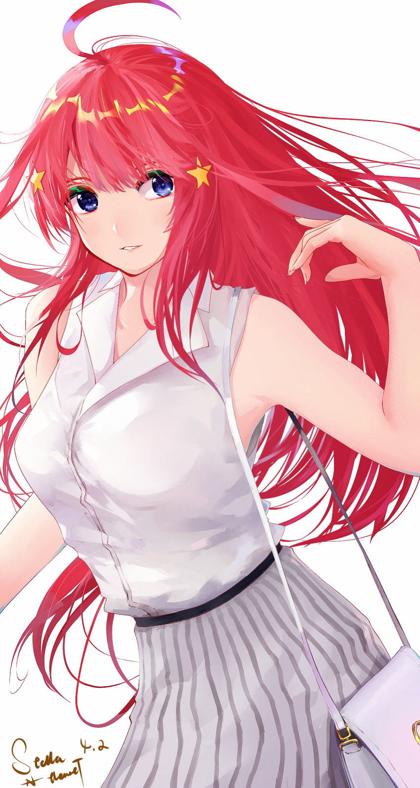 1girl ahoge arm_up armpits bag bangs bare_shoulders blue_eyes breasts commentary_request go-toubun_no_hanayome hair_between_eyes hair_ornament handbag highres large_breasts long_hair long_skirt nakano_itsuki redhead shirt skirt sleeveless sleeveless_shirt solo star star_hair_ornament stellanfleuret white_shirt