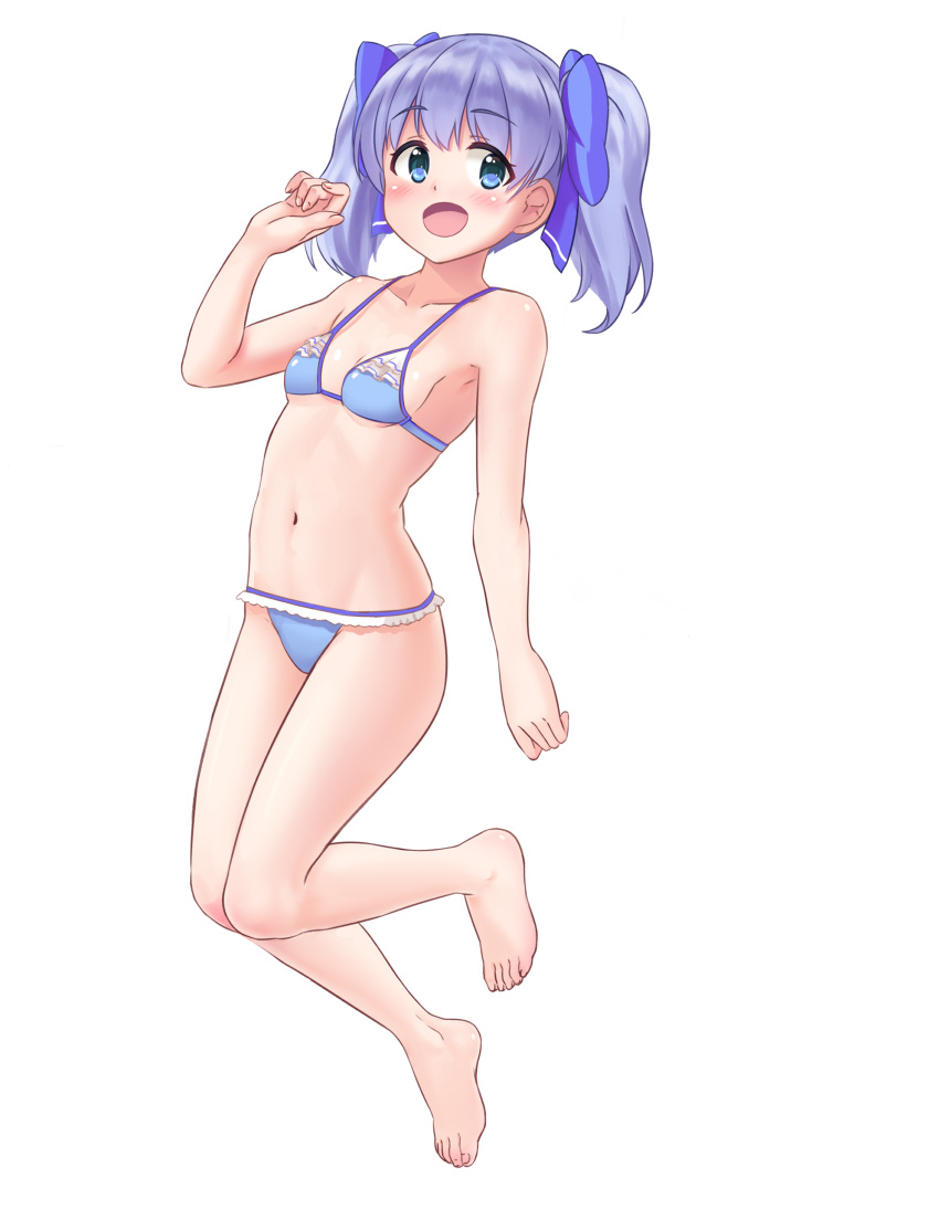 1girl absurdres barefoot bikini blue_eyes blue_hair blue_swimsuit bow collarbone commentary_request flat_chest frilled_bikini frills full_body hair_bow highres long_hair looking_at_viewer navel nijisanji open_mouth sakurano_yukke simple_background smile solo swimsuit twintails virtual_youtuber white_background yuuki_chihiro