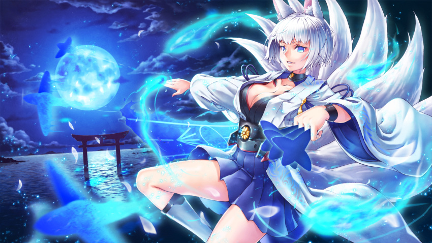 1girl animal_ears azur_lane blue_eyes blue_skirt boots breasts cleavage day fox_ears fox_tail full_moon highres japanese_clothes kaga_(azur_lane) kimono large_breasts long_sleeves miniskirt moon multiple_tails outdoors outstretched_arm parted_lips pleated_skirt sho_(sumika) short_hair silver_hair skirt solo tail white_kimono wide_sleeves
