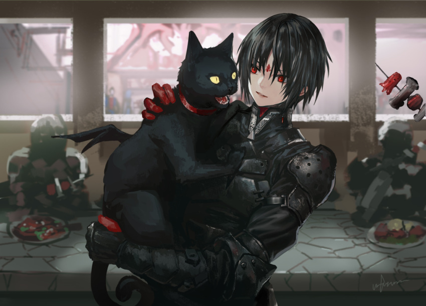 androgynous black_armor black_cat black_hair blurry blurry_background cat city_guard_(infukun) eye_contact facial_mark forehead_mark gauntlets gloves holding holding_cat indoors infukun long_sleeves looking_at_another pixiv_fantasia pixiv_fantasia_last_saga red_eyes red_gloves short_hair signature sitting skewer standing table window yellow_eyes