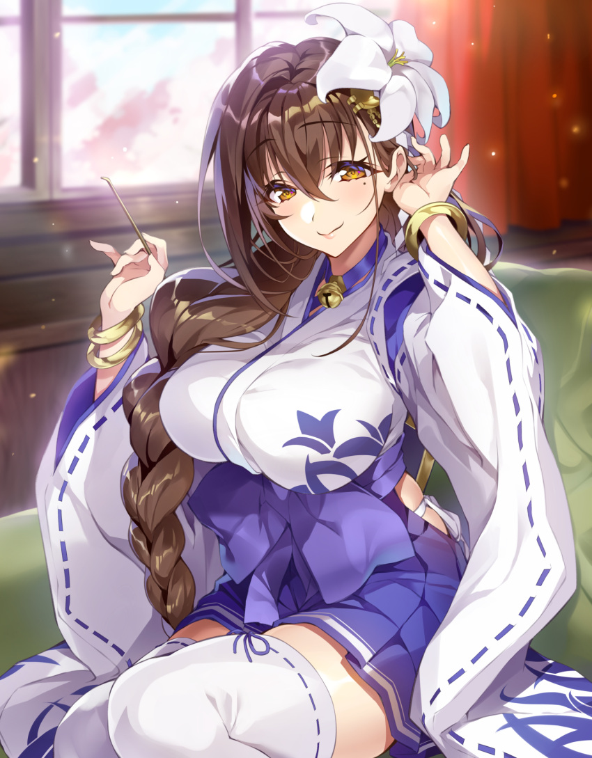 1girl bangs bell blue_ribbon blue_skirt blush bracelet braid breasts brown_eyes brown_hair closed_mouth commentary_request couch curtains day eyebrows_visible_through_hair flower gan_(shanimuni) hair_between_eyes hair_flower hair_ornament hair_over_shoulder hakama_skirt highres hip_vent holding indoors jewelry jingle_bell kanpani_girls large_breasts lily_(flower) lips long_hair long_sleeves looking_at_viewer mimikaki mole mole_under_eye object_namesake panties ribbon ribbon-trimmed_legwear ribbon-trimmed_sleeves ribbon_trim shirayuri_sakura side-tie_panties single_braid sitting skirt smile solo thigh-highs underwear very_long_hair white_flower white_legwear white_panties window zettai_ryouiki