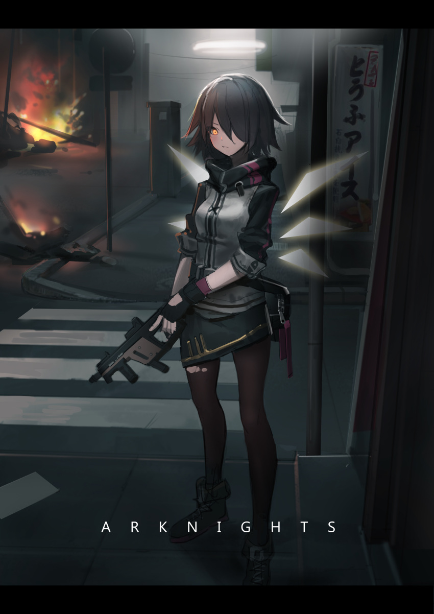 1girl absurdres arknights black_hair chinese_commentary commentary_request fingerless_gloves fire foregrip gloves gun hair_over_one_eye halo heibaise_jiangshi highres holding holding_gun holding_weapon kriss_vector letterboxed outdoors pantyhose road short_hair solo street submachine_gun torn_clothes torn_legwear trigger_discipline weapon wings yellow_eyes